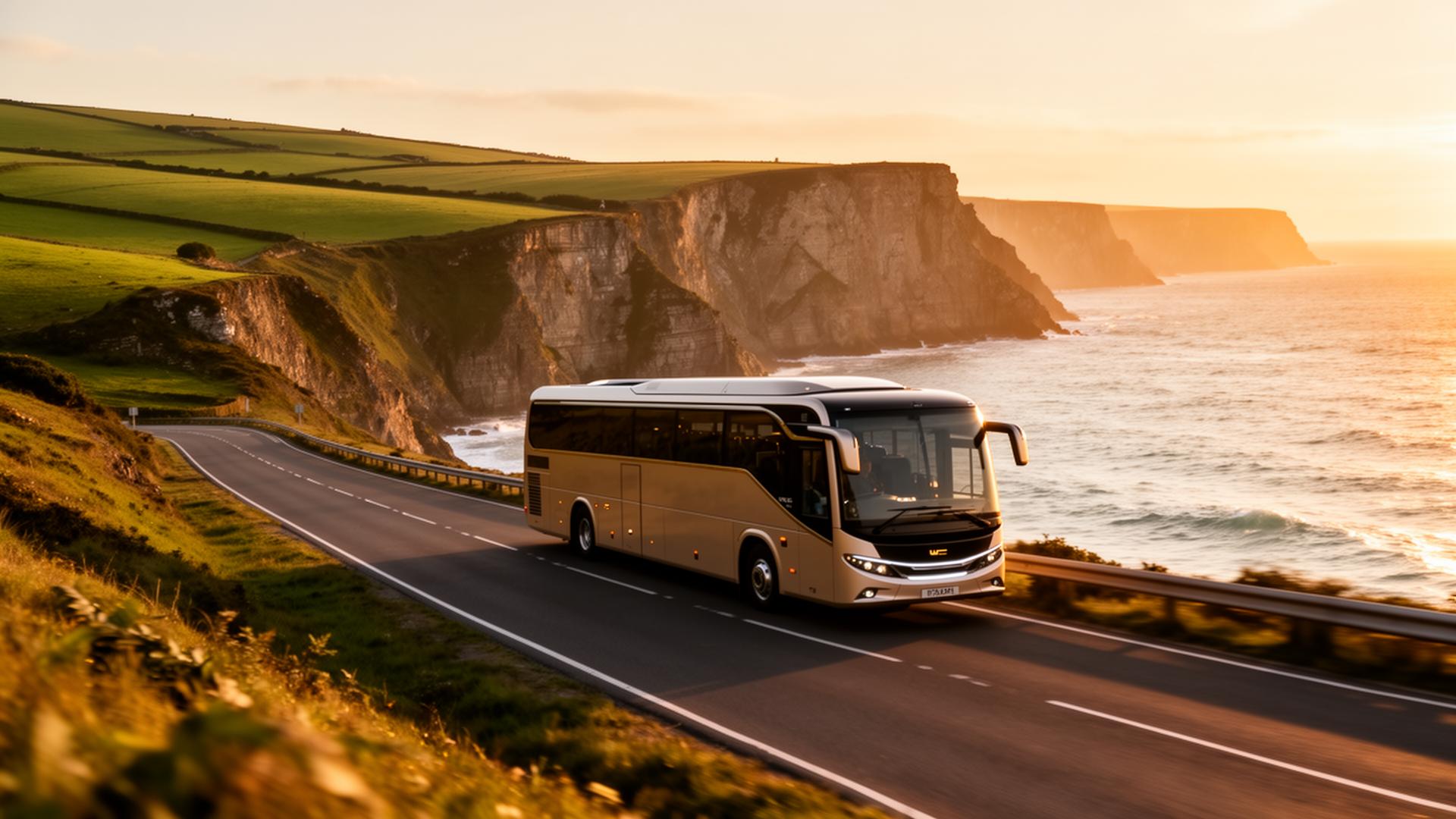 Coach on a UK coastal road at golden hour