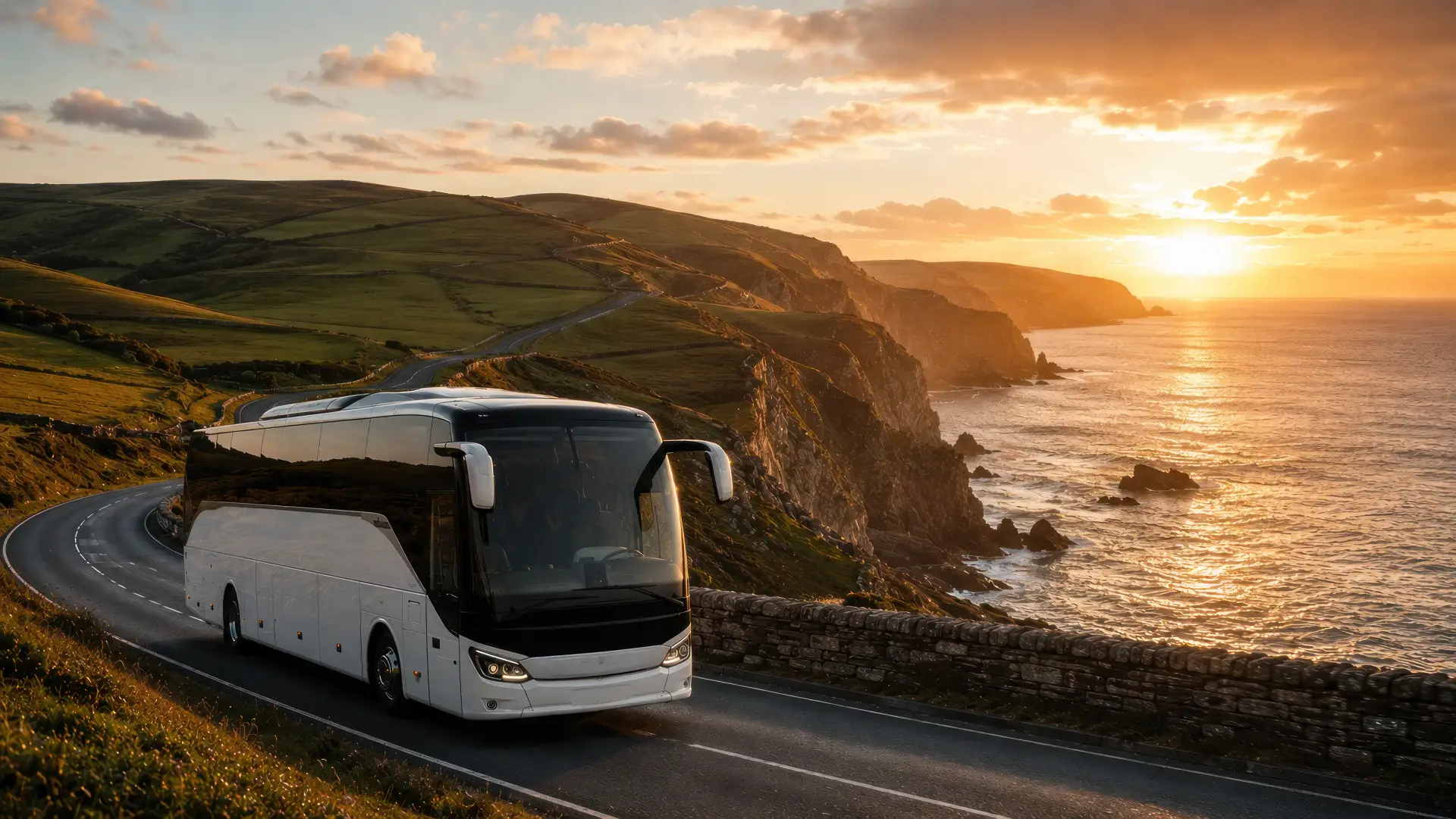 Coach on a UK coastal road at golden hour